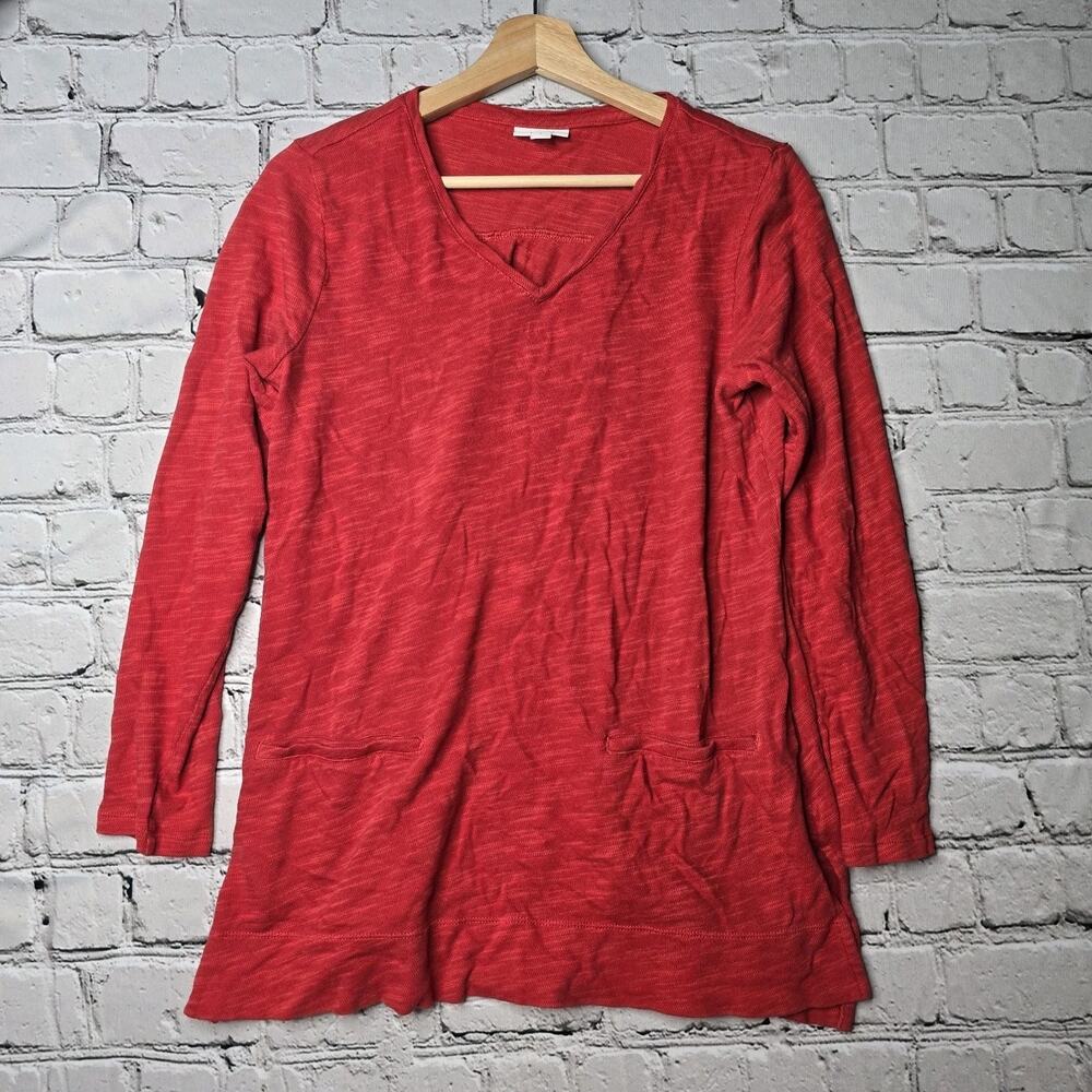 J Jill Red Knit V-Neck Front Pocket Accent 100% Indian Cotton Top Size Small
